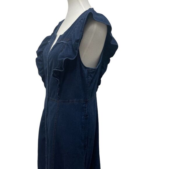 Anthropologie Pilcro Dark Blue Denim Ruffle Sleeve Maxi Midi Dress, 14. buttons - Picture 9 of 16